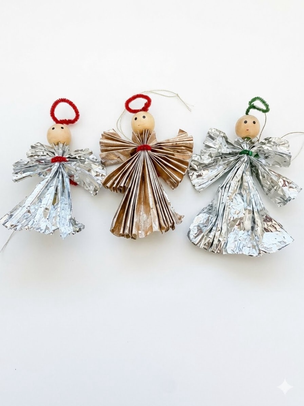 Vintage Handmade Nostalgic Foil Angel Christmas Silver Holiday 5”L Ornament Trio